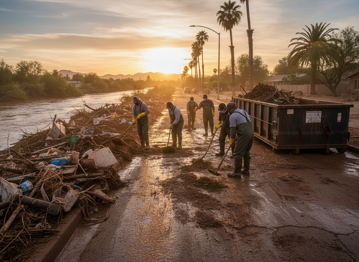 Removing Mud And Debris After Flooding Near The Salt River
